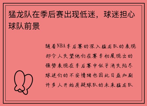 猛龙队在季后赛出现低迷，球迷担心球队前景